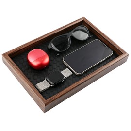 Wooden Valet Tray, 12X8 Inch Desk Organizer with Leather Base, Entryway Bedside Dump Holder for Wallets, Keys, Watches, Jewelry & Sunglasses(Black)