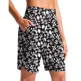 G Gradual Women's 9" Long Swim Board Shorts High Waisted Quick Dry Beach Swimming Shorts for Women with Pockets Liner, Black Flower, Medium