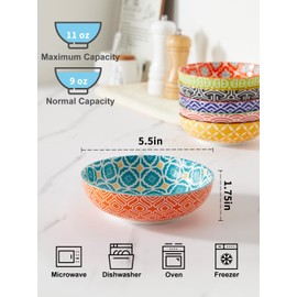 Metahom Small Dessert Bowls, Ceramic Snack Bowls for Kitchen, 11 Oz Colorful Shallow Bowl Set for Ice Cream, Condiments, Side Dishes, Set of 6, Dishwasher & Microwave Safe