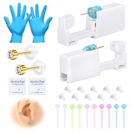AVYRING 36Pcs Ear Piercing Kit, 316L Stainless Steel Piercing Kit Built-in Ear Studs, Disposable Automatic and Painless Ear Nail Gun, At Home Self Ear Piercer Kit Tool with 4mm CZ Stud, Gold