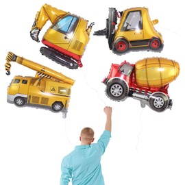 4Pcs Construction Truck Birthday Party Decoration Balloons,LSTAMOY Excavator Forklift Crane Cement Truck Foil Balloons for Kid Birthday Cute Baby Shower Party Decorations (Construction Truck Balloons)