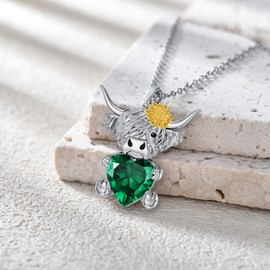 LONAGO Highland Cow Pendant Necklace with Heart Birthstone Cow Necklace Gift for Women (May-Emerald)