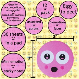 Emoticon Sticky Notes,12 Silly Faces Stick-on Memo Pads, Funny Colorful Emotion School Supplies, Fun Stationary Pad Gift, Smiley Cartoon Notepad Party Favor for Emoticon Themed Birthday Party