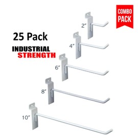 Only Hangers Commercial Grade White Slatwall Hooks - Combo Pack of 25 Assorted Size Peg Hooks for Slatwall - (5) of Each 2",4",6", 8" and 10" Hooks