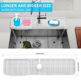 24 Inch Longer Silicone Faucet Splash Guard, 5°Slope Design Faucet Water Catcher Mat,Faucet Handle Drip Catcher Tray Mat for Kitchen Countertop Bathroom Sink Protectors (Translucent)