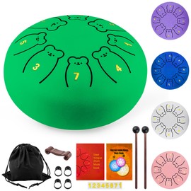 Oun Nana Steel Tongue Drum for Kids, 6 Inches 8 Notes Rain Drum for Outside Garden, Rain Chimes Musical Sound Healing Instruments with Soft Rubber Mallets, Music Book, Storage Bag, Green