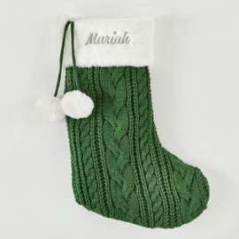 Things Remembered Evergreen Cable Stocking with Faux Fur Cuff (Free Customization), Luxury Christmas Stocking with Embroidered Name