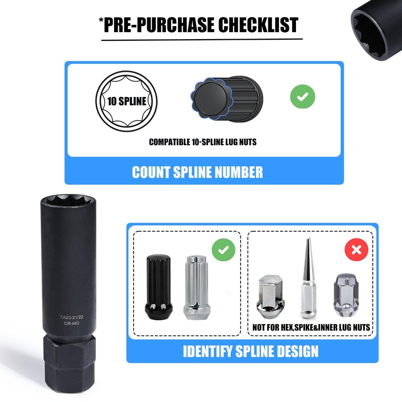 VEXPLO 10 Spline Lug Nut Key Set, Thicker Wall Sturdy