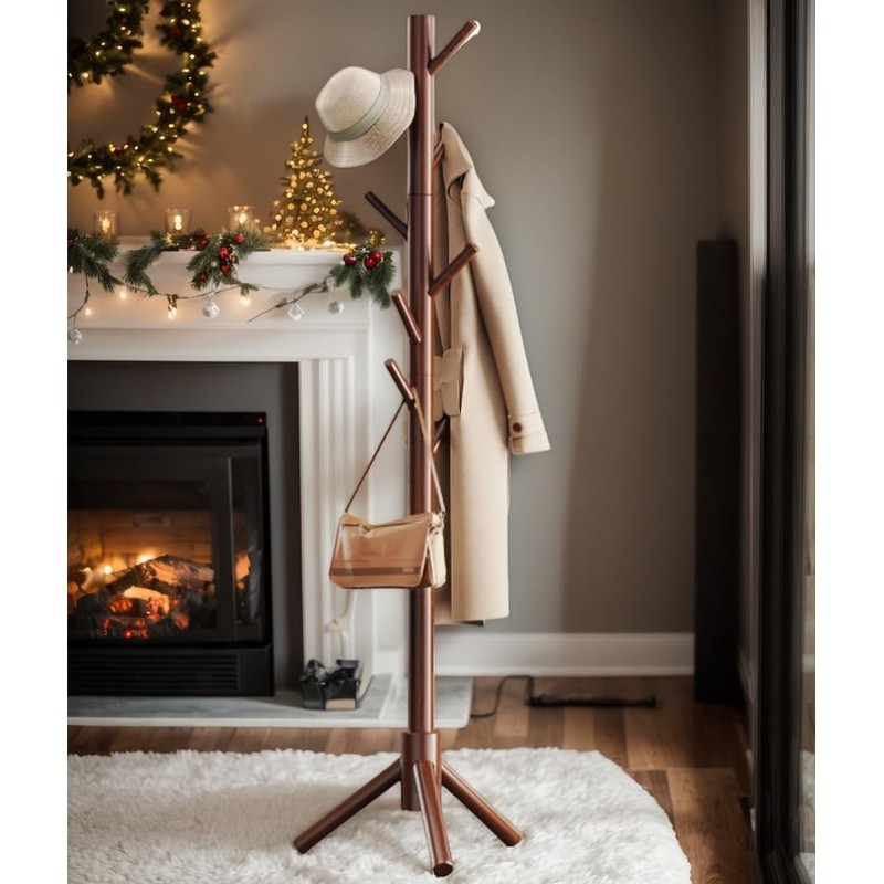 Pipishell Sturdy Wooden Coat Tree with 8 Hooks, 3 Adjustable