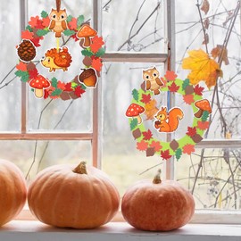 DKINY 8 Pieces Autumn Wreaths Craft Sets for Children, Arts and Crafts for Children for Decoration, Creative Squirrel Hedgehog Owl Fox with Autumn Leaves Door Wreath Wall Wreath, Hanging Decoration in