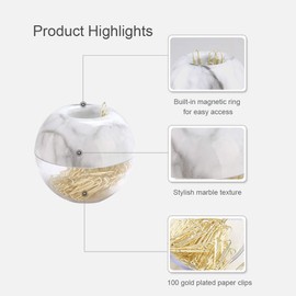 MultiBey NE-Clip-Marble-Round Paper Clips in Elegant Magnetic Marble White Clip Holder, 28mm, Gold, 100 Clips Per Box