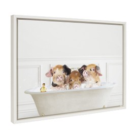 Kate and Laurel Sylvie Three Pigs In Bubble Bath Neutral Style Framed Canvas Wall Art by Amy Peterson Art Studio, 18x24 White, Whimsical Animal Art Wall Décor