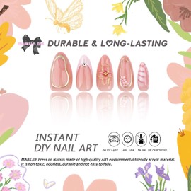 Handmade Press on Nails Medium Almond MABKJLF Pink French Tip Fake Nails Embossed 3D Flower False Nails with Designs Rhinestones Glossy Glue on Nails Cute Acrylic Nails for Women Girls 24Pcs