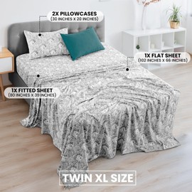 LUX Décor Paisley Twin XL Sheet Set, 4 Pc Wrinkle Free Soft Microfiber - Luxurious Printed Bedsheets Includes Flat Sheet, Fitted Sheet with Deep Pockets & 2 Pillowcases - White Grey