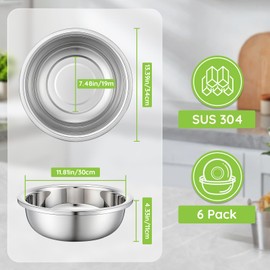 Offiper 304(18/8) Large Stainless Steel Mixing Bowls Set, 6 Pack 13.4" 7.4 Quart Big Silver Metal Food Prep Baking Bowl Heavy Duty with Flat Base for Kitchen Cooking Serving Storage Dishwasher Safe