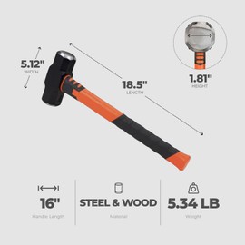 4 Pound Hard Face Sledge Hammer, 50-55 HRC, 16-Inch Fiberglass Handle, Overstrike Protection, Textured Grip