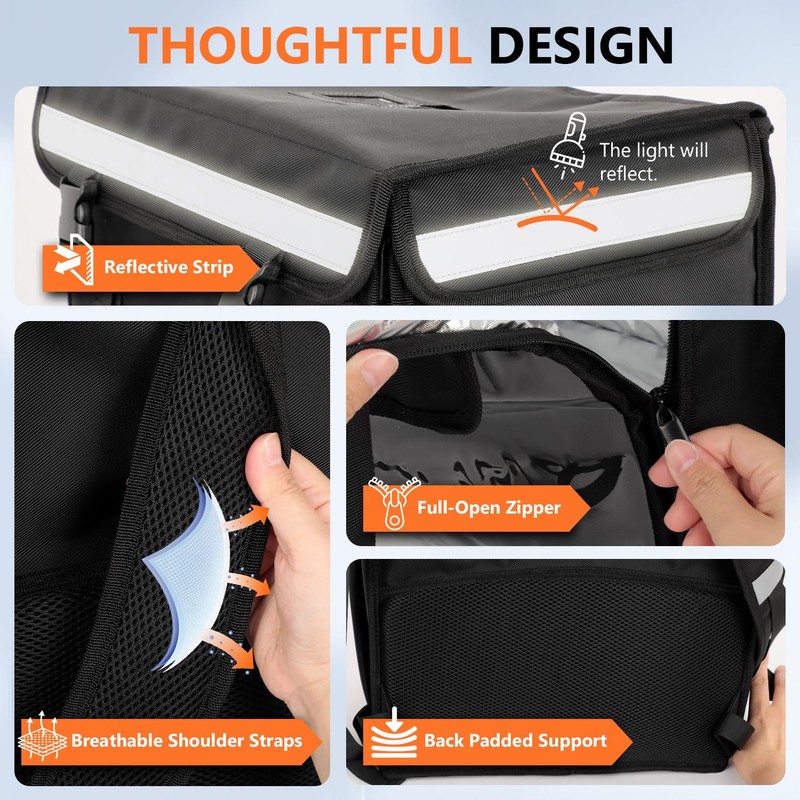 Insulated Food Delivery Backpack, Insulated Bag with Removable Divider, Reflective
