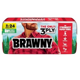 Brawny Tear-A-Square - Toallas de papel cuadradas de 3 capas, 8 rollos triples = 24 rollos regulares, fuertes, absorbentes y duraderas con 3 tamaños d