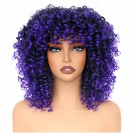PORSMEER 14 Inch Curly Wigs for Black Women, Afro Kinky Curly Wavy Shoulder Length Wig with Fringe, Synthetic Fibre Glue, Long Deep Wavy Hair (Black to Purple)