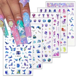 SARATA Ocean Nail Stickers 3D Self Adhesive Glitter Summer Mermaid Tail Nail Decals Laser Beach Fishtail Shellfish Starfish Designs Nail Art Supplies for Women Kids DIY Manicure Decorations 6Pcs