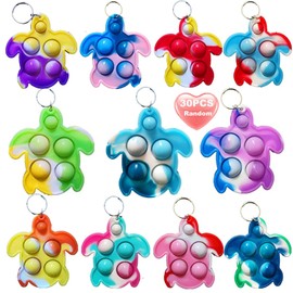 30 Packs Rainbow Bulk Turtle Mini Pop Fidget Keychain Bubble Toy for Boy Girl Kids Summer Party Favors Gift, Stress Relief Students Classroom Prize
