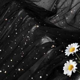 Horbaunal Black Glitter Tulle Fabric Rolls 54 Inch Wide by 3 Yard Star Moon Sequin Tulle Rolls, Tulle Netting Fabric for Tutu Skrits DIY Craft Wedding Backdrop Party Decorations