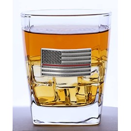 Indiana Metal Craft 13 Oz Double Old Fashion Glass with Thin Red Line American Flag Pewter Emblem