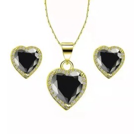 Paris Jewelry 24k Yellow Gold Heart 3 Ct Created Black CZ Full Set Necklace 18 inch Plated