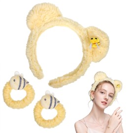 Yellow Bear Ears Headband Plush Headbands with Bee Hair Ring Cute Yellow Scrunchie Soft Towels Washband Elastic Plush Bear Spa Hairband with Hair Ties Wristband for Face Washing Facial Skin Care