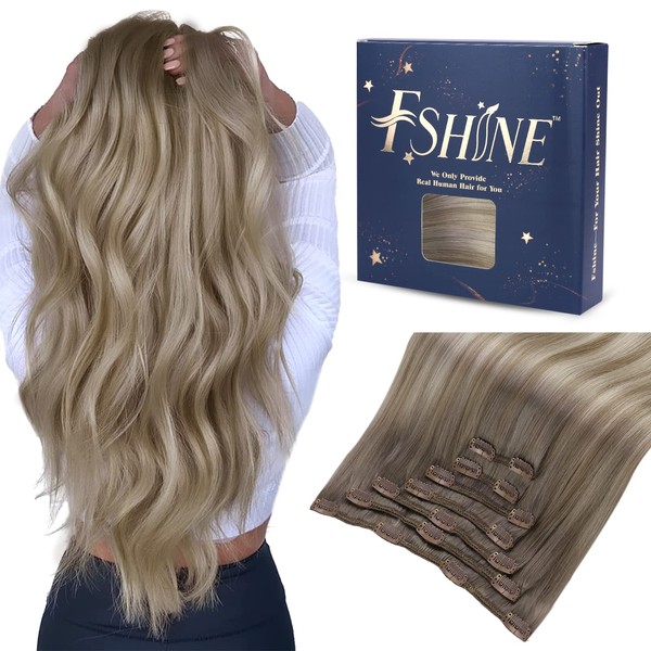 Fshine Clip-In Real Hair Extensions, 30 cm, 80 g, 7 Pieces, Walnut Brown to Ash Brown and Bleach Blonde, Clip-In Hair Extensions, Real Hair Extensions, Blonde #19/8/60