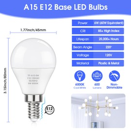 MAXvolador E12 LED 60W Equivalent Cool White 6000K Ceiling Fan Bulbs, 600LM CRI 85+ Small Base Candelabra Bulbs, 6W Non-Dimmable, Pack of 6