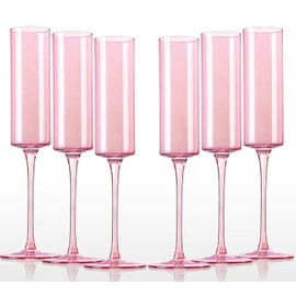 comfit Pink Champagne Flutes Glass set of 6-6.5oz Square Champagne Glasses- Stemmed Coupes Reusable - Colored Champagne Glasses For Engagement Birthday Party Wedding Anniversary
