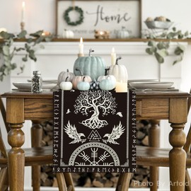 Artoid Mode Black Viking Tree of Life Raven Helm of Awe Table Runner, Seasonal Kitchen Dining Table Decoration for Home Party Decor 40x180 cm