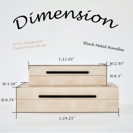 Denique Shagreen Decorative Boxes Set of 2, Leather Jewelry Storage Box Modern Storage Boxes with Lids, Ivory Stacking Boxes with Black Metal Handles Home Organizer Box