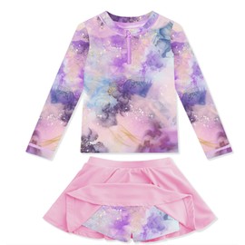 Hovershoes Girls Swimming Costume Two Pieces Swimsuits Long Sleeve Rash Guard Swimwear Swim Set Kids Water Sport Beach Swimming Skirt with Shorts Toddler UPF50+ Bathing Suit