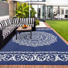 GarveeHome Outdoor Rug 8x10 Reversible Mats, Plastic Straw Rug, Large Floor Mat and Rug for Outdoors, Modern Area Rug, RV, Backyard, Deck, Picnic, Beach, Trailer, Camping, Navy/White(Medallion)
