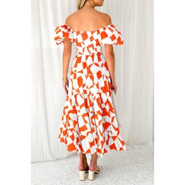 PRETTYGARDEN Women's 2025 Summer Boho Midi Dress Off Shoulder Puff Sleeve Print Smocked Ruffle Beach Long Flowy Dresses (Orange,Large)