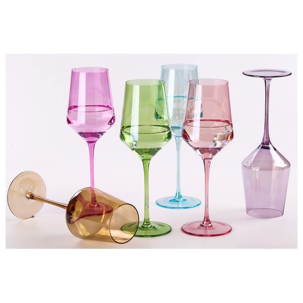 Physkoa Colored Wine Glasses Set of 6 - Colored Wine Glasses with Stems,Stemmed Multi-Color Wine Glasses,CrystalHand-Blown,Color Glassware,Great for All Occasions & Special Celebrations - 15OZ