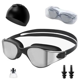 XFSRG Schwarz Versilbert Schwimmbrille Schwimmkappe 50G für Herren und Damen UV-Schutz Anti Nebel Verstellbar Gurt Komfort Profi Schwimmbrillen mit Ohrstöpsel Nasenklammer