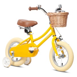 Petimini 12 Inch Kids Bike for Age 2 3 4 Years Old Little Girls Toddlers Retro Vintage Style Bicycles with Basket Training Wheels and Bell, Yellow