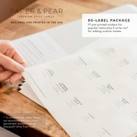 Modern White Spice Labels Stickers Preprinted Waterproof by Paper & Pear - Oil Resistant Kitchen Pantry Labels for Home Improvement - 2.25x1.25 Inches Pantry Stickers - Set of 80 (No Jars)