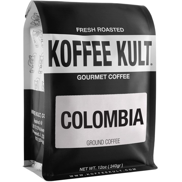 Koffee Kult Colombian Medium Roast Coffee Ground Beans 100% Single Origin Colombia Arabica Whole Bean (Ground, 12oz)