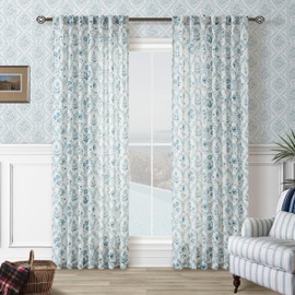 Blue Floral Linen Curtains for Living Dining Room 84 Inch length 2 Panels Blue Botanical Bloom Pattern Printed Curtains Back Tab Semi Sheer Farmhouse Decor French Country Drape for Bedroom 52x84