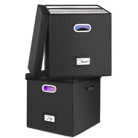 Vinyl Record Storage Box Set of 2 - for 100+ Single LPs (12-Inch), Stackable Albums Linen Crate with Lid, Play Music Collection Holder, Document File Folder Cabinet Organizer Case with Handle