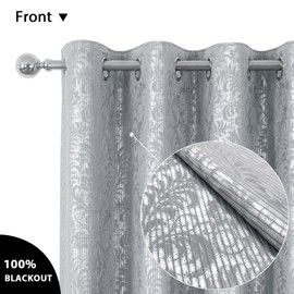 always4u 100% Blackout Damask Foil Print Ridged Velvet Curtains 84 Inches Long Drapes 2 Panels Shiny Metallic Window Treatment Silver 54 * 84 Inches