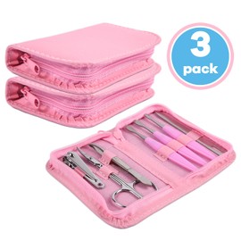 NuValu Mini Manicure Pedicure Set (Set of 3), with Zip Pouch Case, Pink, Nail Clippers Tweezers Scissors Cuticle Pusher Nail File Nail Care Nail Trimmer Grooming