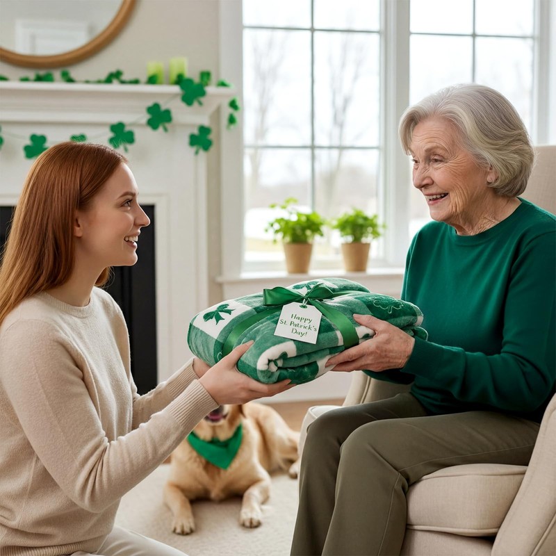 Tingjoo St. Patrick's Day Blanket Clover Bow Fuzzy Blanket Spring