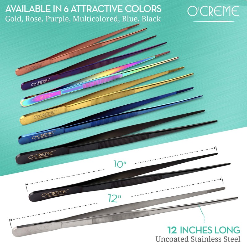 O'Creme 10 Inch Blue Precision Stainless Steel Kitchen Tweezer Tongs