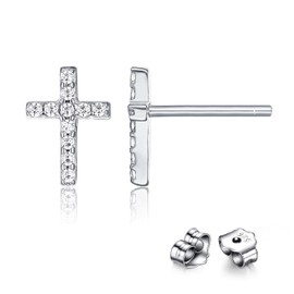 Bellitia Jewelry Cross Stud Earrings Sterling Silver Zirconia Religious Cross Earrings Stud for Women, Platinum Plated Tiny Cross Stud Earrings Hypoallergenic