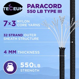 TECEUM Paracord Type III 550 Black – 50 ft – 4mm – Tactical Rope MIL-SPEC – Outdoor para Cord –Camping Hiking Fishing Gear and Equipment – EDC Parachute Cord – Strong Survival Rope 016b